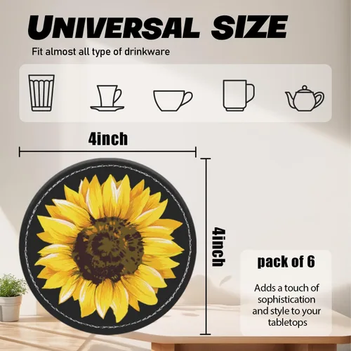 Miniatura 2 de Posavasos para bebidas de piel sintética, juego de 6 con soporte, regalo de inauguración de la casa, decoración del hogar, girasol de acuarela negro