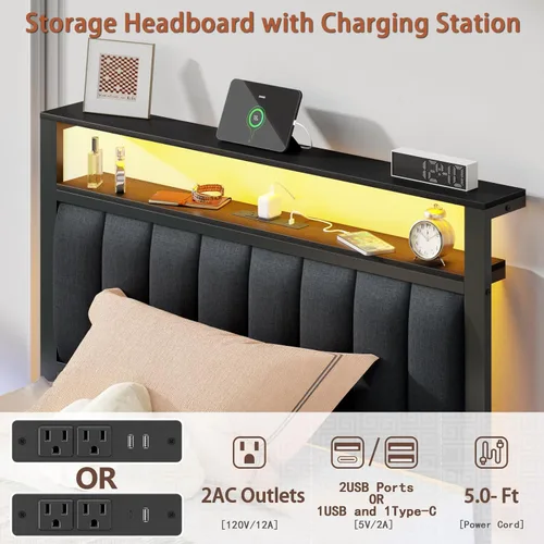 Miniatura 9 de Furnulem Bases de Cama Individual con Estación de Carga y Luces LED, Cabecero Tapizado Gris con Estantes, Cama de Plataforma de Metal con 2