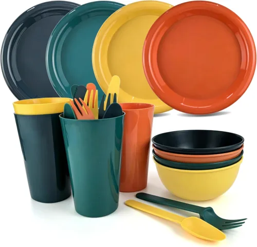 Miniatura 10 de Juego de platos y cuencos de plástico, platos esenciales para dormitorio universitario, platos de campamento, accesorios de vajilla, kit de Gris
