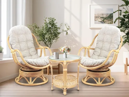 Miniatura 12 de Juego de 2 mecedoras giratorias Bali Lounge con cojín floral y mesa de centro redonda Pelangi, mimbre de ratán natural, hecho a mano, color colonial