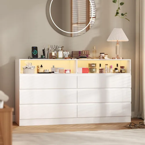 Miniatura 7 de STIKELY Cómoda con cajones para dormitorio con toma de corriente, cómodas negras con luz LED, cómoda para armario, armario organizador de aparadores