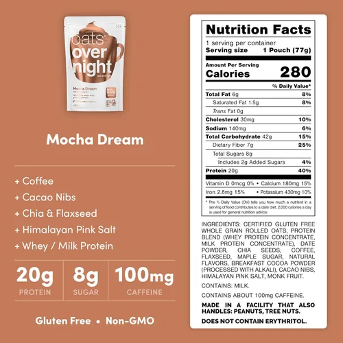 Miniatura 2 de Oats Overnight - Mocha Dream - Batido de desayuno alto en proteínas, bajo en azúcar, sin gluten, alto en fibra, avena sin OMG (2.7 onzas por comida)