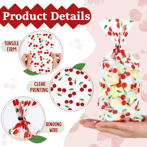 Miniatura 3 de Yexiya 100 bolsas transparentes de celofán de cerezas rojas para golosinas, bolsa de regalo con lazos de cinta, bolsas de plástico impresas