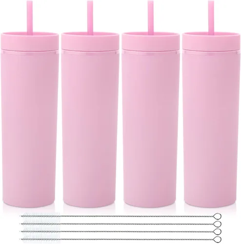 Miniatura 8 de Volhoply Paquete a granel de 4 vasos delgados de plástico de 20 onzas, vaso de doble pared con tapa y popote, taza reutilizable de viaje para café