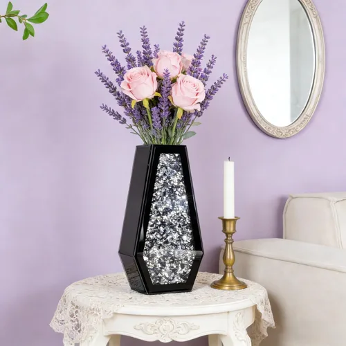 Miniatura 5 de SHYFOY Florero Negro de Flores Florero de Vidrio de Diamante Triturado Floreros Grandes de Cristal con Espejo para Centros de Mesa Floreros Altos