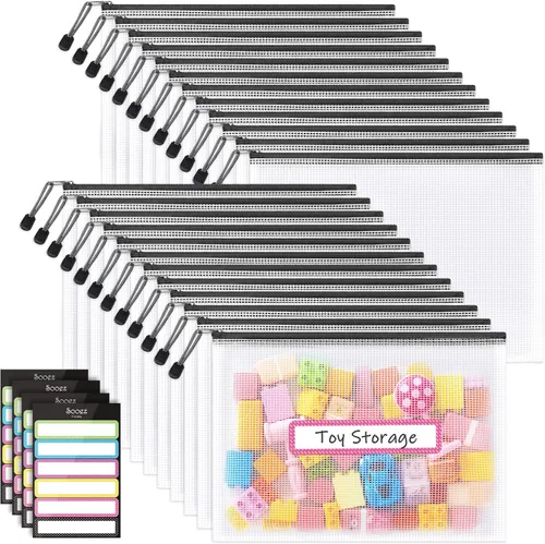 Sooez - Paquete de 24 bolsas de malla con cremallera con etiquetas adhesivas, bolsas de malla A4, organizador de carpetas de archivos de tamaño Negro
