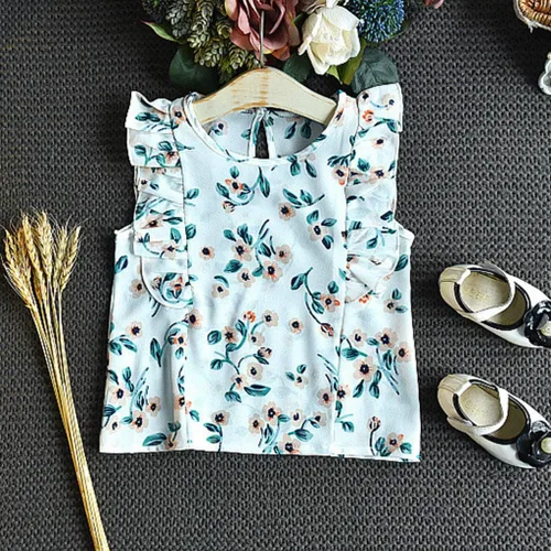 Miniatura 3 de Conjunto de ropa de verano para bebés y niñas de 2 a 7 años con estampado de flores y pantalones cortos con cinturón