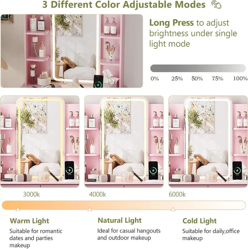Miniatura 6 de HUANLEGO Pequeño escritorio de tocador con espejo y luces, escritorio de maquillaje rosa con espejo iluminado y toma de corriente, 3 luces
