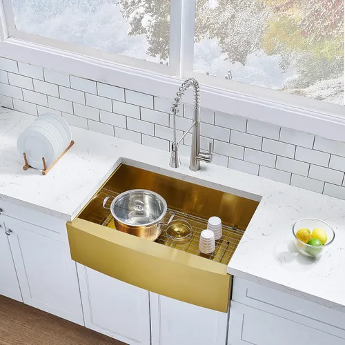 Miniatura 3 de HOTIS Gold Fregadero de Granja, Fregadero de Cocina de 30 Pulgadas Dorado, Delantal Plano Delantero Bajo Montaje Fregadero de Granja, Fregadero