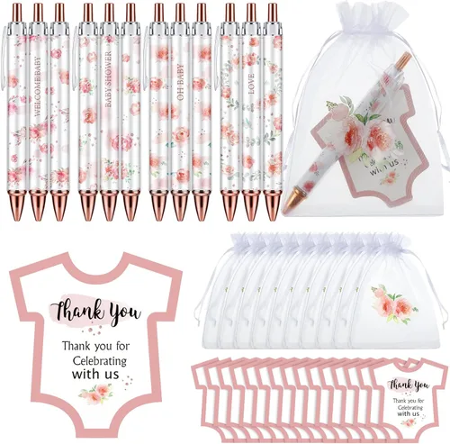 Miniatura 9 de Chuangdi 50 juegos de regalos de baby shower para invitados, incluye 50 bolígrafos, tarjetas de agradecimiento y bolsas de organza, Abeja