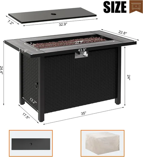 Miniatura 2 de Mesa para fogata de propano de 44 pulgadas, mesa rectangular de gas para exteriores de 50,000 BTU con tapa, cubierta impermeable, mesa rectangular