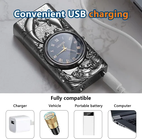 Miniatura 5 de GADATOP Encendedor eléctrico recargable a prueba de viento, encendedor de plasma con alivio de delfines 3D, reloj integrado con luz LED para uso