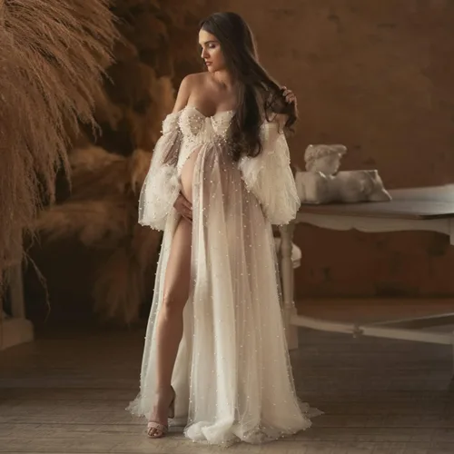 Miniatura 8 de yinyyinhs Vestido de maternidad de tul perla para sesión de fotos, manga larga hinchada y hombros descubiertos, vestido de maternidad para baby
