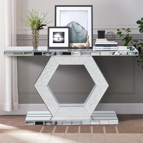 Miniatura 6 de Mesa consola con espejo de 55 pulgadas, mesa larga para sofá de sala de estar, oficina, detalles de cristal de diseño hexagonal, moderno escritorio