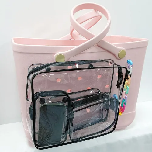 Miniatura 7 de Paquete de 4 bolsas de almacenamiento de maquillaje transparentes para bolsa de playa, accesorios con ganchos mosquetón, Claro, Bolsa