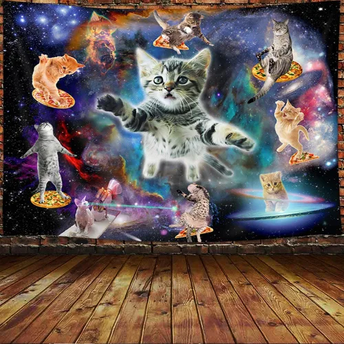 Viajar Tapiz de gato, universo de fantasía, galaxia espacial, divertido tapiz de gato para niños y niños, decoración de pared de nebulosa y cielo