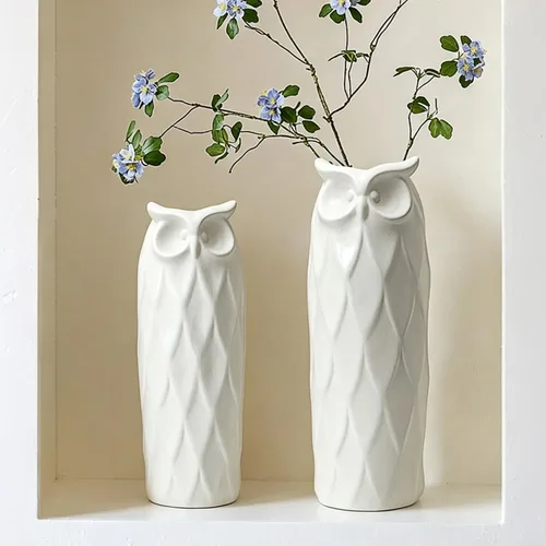 Juego de 2 jarrones de cerámica con diseño de búho para sala de estar, dormitorio, 9.45'' y 8.27'', jarrones modernos blancos para plantas y flores