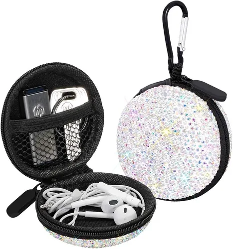Miniatura 8 de SAVORI Estuche para auriculares pequeños con diamantes de imitación de cristal portátil, organizador de auriculares, bolsa de almacenamiento con Rosa