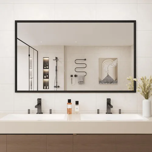 Miniatura 28 de JISOSO - Espejo de baño negro de 20x30 pulgadas con marco de metal negro, espejo de tocador rectangular redondeado con acabado mate para pared