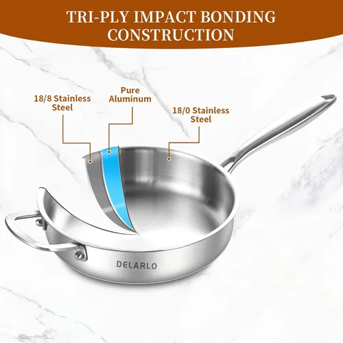 Miniatura 5 de DELARLO Sartén de Acero Inoxidable de Tres Capas de 3QT con Tapa, Sartén Profunda de 12 Pulgadas, Sartén Grande de Inducción, Sartén de Cocina, Apto