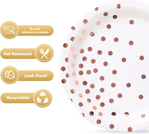 Miniatura 4 de Suministros de fiesta en blanco y oro rosa, platos de postre de papel con puntos dorados (50 unidades)