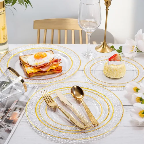 Miniatura 4 de Nervure 150 piezas de platos de plástico transparente con cubiertos martillados dorados que incluyen 25 platos de cena, 25 platos de postre, 25