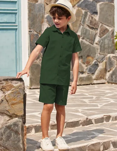 Miniatura 5 de COOFANDY Conjunto de camisa y pantalones cortos de algodón de manga corta con botones para niño de 2 piezas