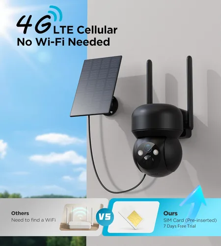 Miniatura 2 de Cámara de seguridad solar celular 4G LTE para exteriores: sin WiFi, cámara de seguridad alimentada por batería para exteriores, tarjeta SIM Cámara