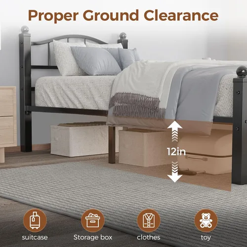 Miniatura 4 de Marcos de cama individuales de metal, diseño sin ruido y almacenamiento debajo de la cama, marcos de cama resistentes con cabecero, no necesita