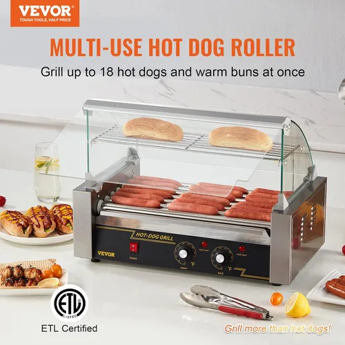 Miniatura 2 de VEVOR - Parrilla de rodillos para hot dogs y salchichas, de acero inoxidable, 1050 W, control doble de temperatura, tapa acrílica, bandeja