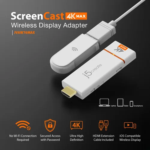 Miniatura 2 de j5create ScreenCast - Adaptador de pantalla inalámbrico 4K Max con antena mejorada, transmisión de video y audio desde móvil/tableta/computadora
