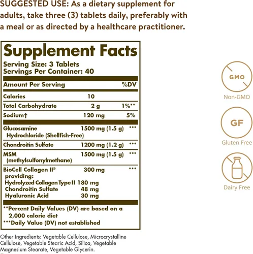 Miniatura 3 de SOLGAR Glucosamina ácido hialurónico condroitina MSM, 120 tabletas y piel, uñas y cabello, fórmula avanzada de MSM, 120 tabletas