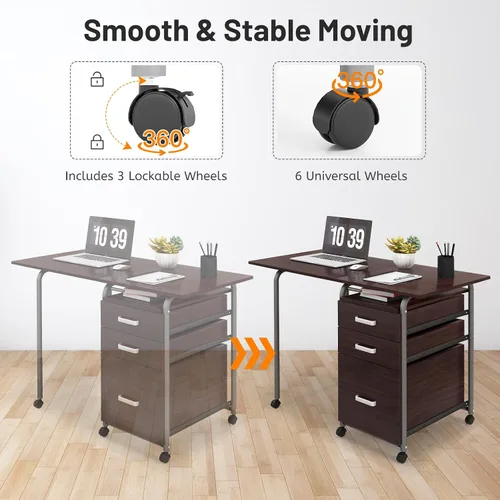 Miniatura 6 de Giantex Escritorio plegable para espacio pequeño, escritorio de oficina en casa rodante con 3 cajones y ruedas universales con cerradura, escritorio