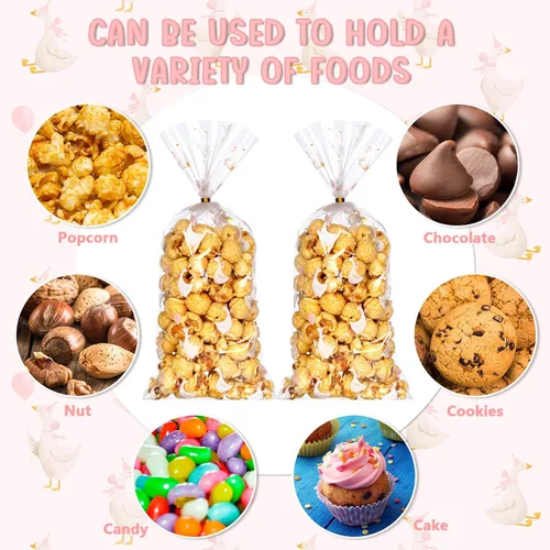 Miniatura 7 de Yexiya 100 bolsas de dulces de ganso de celofán transparentes con lazos de cinta, bolsa de plástico impresa de ganso blanco para aperitivos