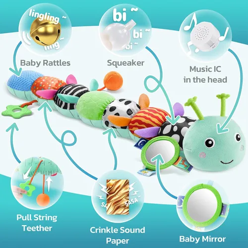 Miniatura 3 de HEMRLY Juguetes Sensoriales para Bebés de 0 a 6 Meses, Oruga Musical de Peluche con Mordedor, Papel Arrerugado, Sonajero, Espejo para Bebé para Azul