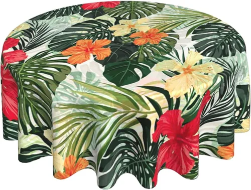 Mantel redondo tropical, mantel de palmera hawaiana con flores de hibisco, fiesta temática Aloha/Luau, mantel impermeable lavable para cenas