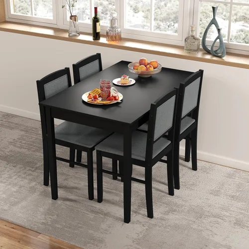 Miniatura 8 de Tangkula - Juego de mesa de comedor para 4, juego de comedor de madera maciza estilo granja con patas de madera de goma, asiento tapizado y respaldo