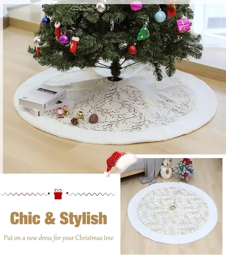 Miniatura 2 de Lewondr Falda de árbol de Navidad de 48 pulgadas, copos de nieve de lentejuelas doradas de felpa blanca para decoración de árbol de Navidad, beige