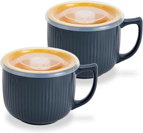 Miniatura 28 de Tazón de sopa de cerámica con asa de 32 onzas – Tazón de ramen para microondas con tapa, tazas y tazas de sopa para cereales, avena, ramen, fideos