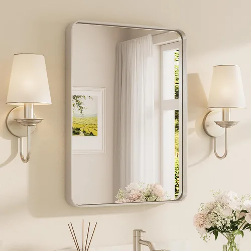 Miniatura 73 de TETOTE Espejo de marco dorado cepillado de 16 x 24 pulgadas, espejo de tocador de baño de latón dorado para pared, espejo enmarcado rectangular
