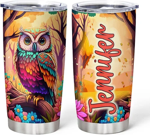 Miniatura 16 de Hyturtle Vaso Personalizado para Amantes de Búhos - Vaso de Café de Acero Inoxidable con Impresión de Búhos y Nombre Personalizado 590 ml con Tapa