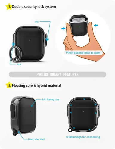 Miniatura 3 de estuche para AirPods 1ª y 2ª generación, estuche Airpod con cierre seguro con llavero de clip, funda protectora de material híbrido de cuerpo Negro