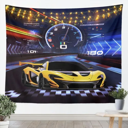 Feelyou Tapiz deportivo azul y amarillo para colgar en la pared, tapiz de coche de carreras para niños y niños, tapiz de pared deportivo de