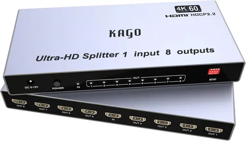 KAGO Divisor HDMI 4K @60Hz 1 en 8 salidas con gestión EDID, distribuidor de concentrador HDMI 2.0 1x8 compatible con HDCP 2.2, 18Gbps, HDR10, 1080P