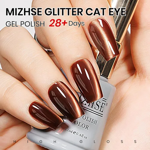 Miniatura 5 de MIZHSE Esmalte de uñas de gel de cristal de gelatina marrón, ojo de gato, 0.4 fl oz, esmalte de gel holográfico con purpurina UV LED, gel magnético