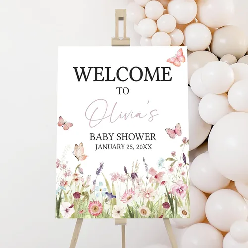 Letrero de bienvenida personalizado de mariposa para baby shower, letrero de mariposa floral para baby shower, letrero con nombre personalizado para