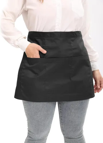 Miniatura 2 de Delantales de servidor, tamaño grande, 3 bolsillos, delantal de media cintura en color negro para mujeres y hombres