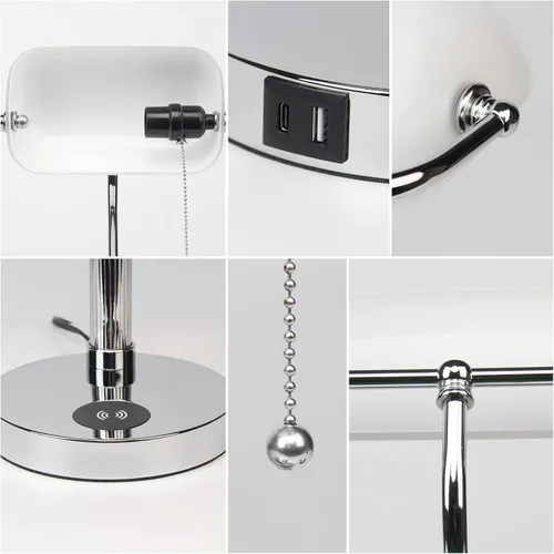 Miniatura 5 de FIRVRE Lámpara de Escritorio de Banquero, Lámpara de Mesa de Vidrio Blanco con Cargador Inalámbrico y Puerto de Carga 2USB, Lámpara con Interruptor
