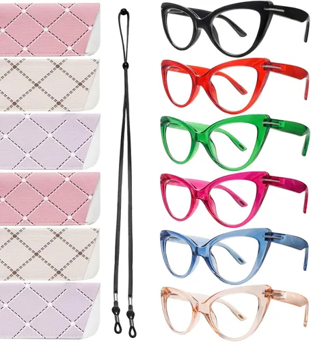 Miniatura 8 de Pack de 6 gafas de moda de ojo de gato para mujer con bloqueo de luz azul, bisagras de resorte extra grandes, lentes para computadora 6 mezcla