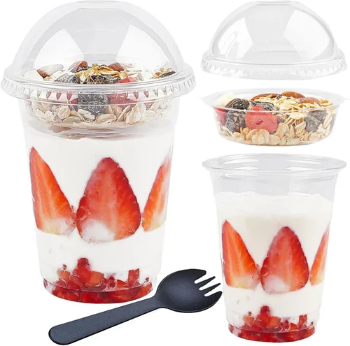 Miniatura 9 de Zezzxu Paquete de 50 tazas desechables de parfait de 12 onzas con tapas sin agujero, compartimento para coberturas y tenedor, yogur conatiner con 12